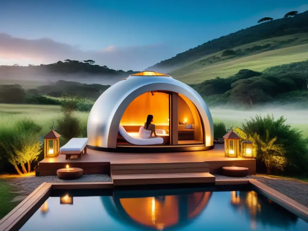 Experiencia de lujo en spa portátil en Uruguay Mejores spas portátiles glamping Uruguay: Pareja relajándose en lujoso spa al atardecer en campamento glamuroso