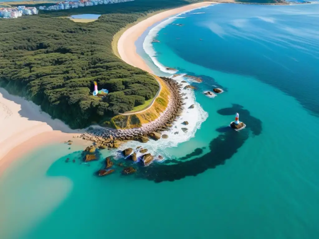 Explora Punta del Este: Vuelo drone sobre la costa Explora los mejores spots para drones Uruguay en Punta del Este: icónico faro, playas y aguas turquesas, con gaviotas en vuelo