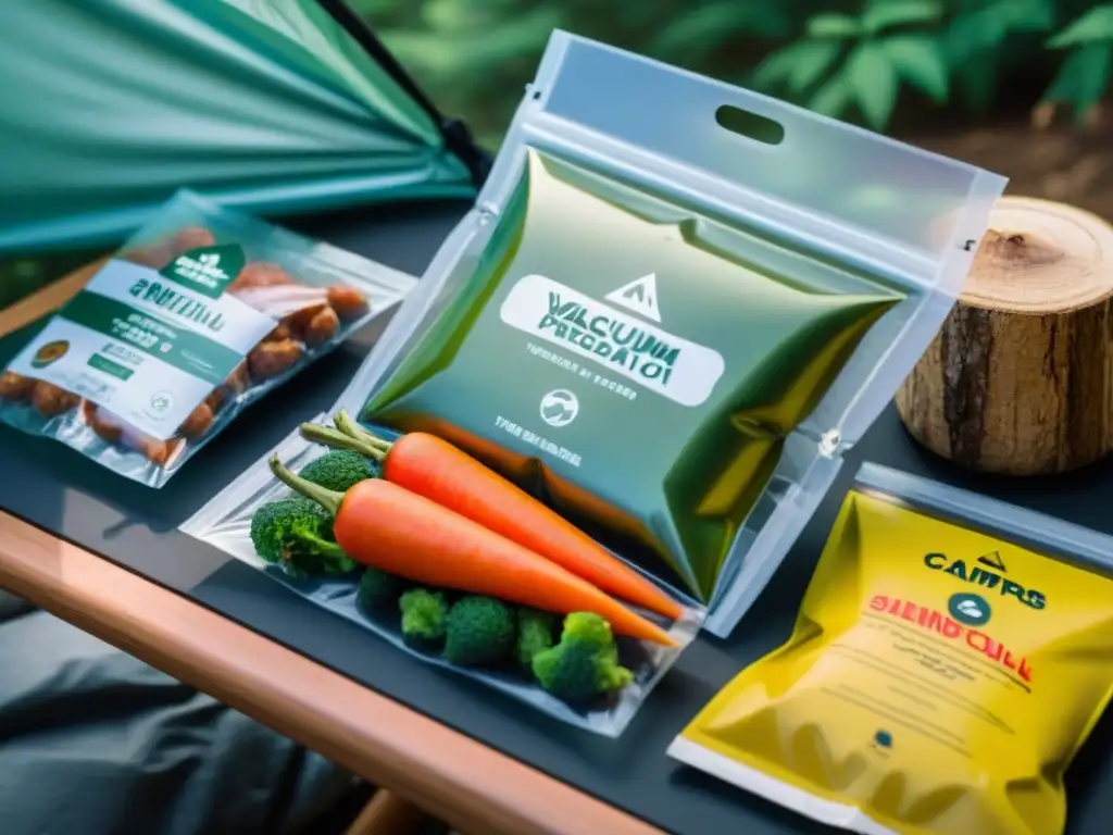 Campamento organizado: alimentos al vacío para acampar Una mesa de campamento con alimentos envasados al vacío, mostrando consejos para envasado al vacío en excursiones al aire libre