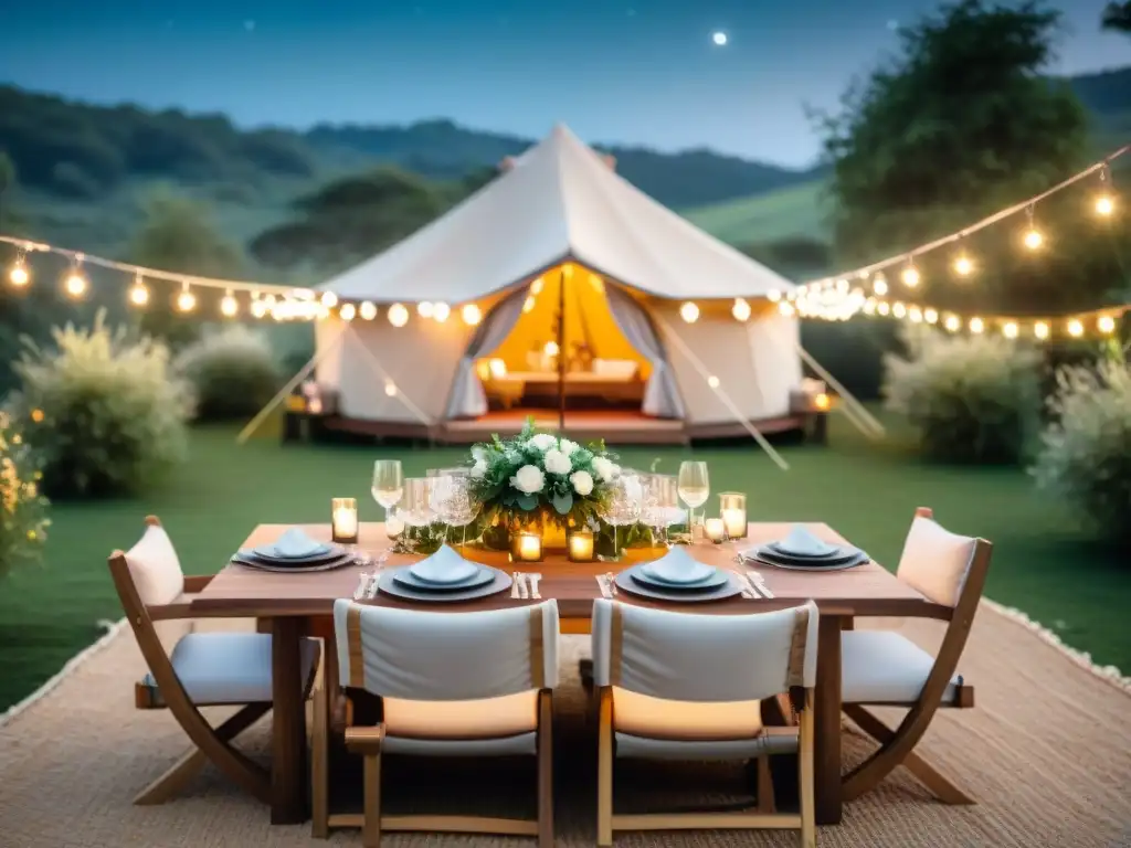 Exclusivo campamento de lujo: cena elegante bajo las estrellas Mesa elegante en glamping de lujo bajo las estrellas con mobiliario sofisticado y naturaleza exuberante