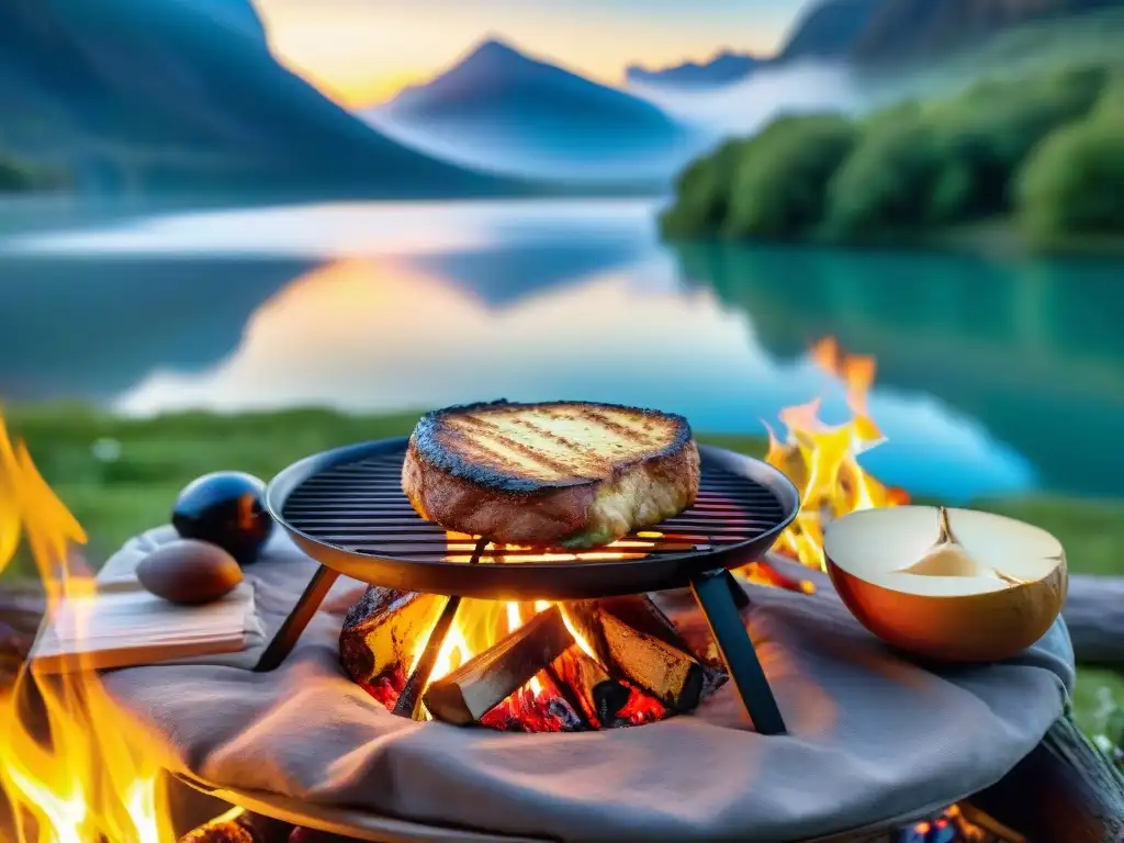 Milanesa dorada al atardecer: parrilla campestre en escena natural Milanesa a la parrilla cocinando en un entorno camping al atardecer junto a un lago sereno y un cielo colorido