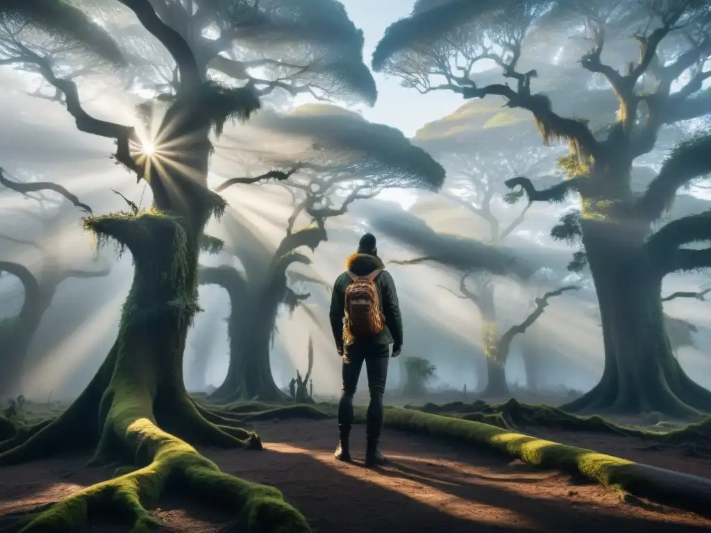 Bosque misterioso en Uruguay: Árboles ancestrales y figura enigmática Misterioso bosque de leyendas en área conservación de Uruguay con árboles antiguos entre la niebla