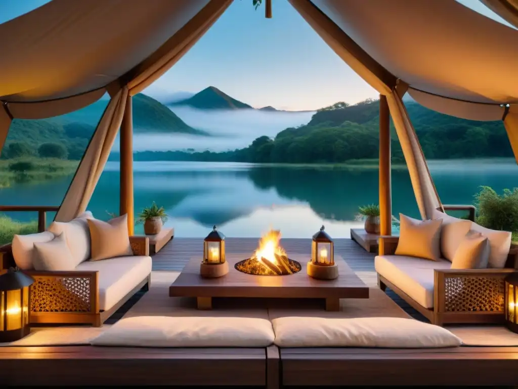 Glamping de lujo al atardecer en un paraíso natural Mobiliario para glamping de lujo en un atardecer sereno junto al lago