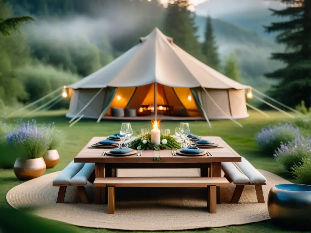 Exquisita cena de lujo en el bosque - Glamping elegante Mobiliario para glamping de lujo en medio de un bosque sereno, con mesa elegante, velas y flores silvestres