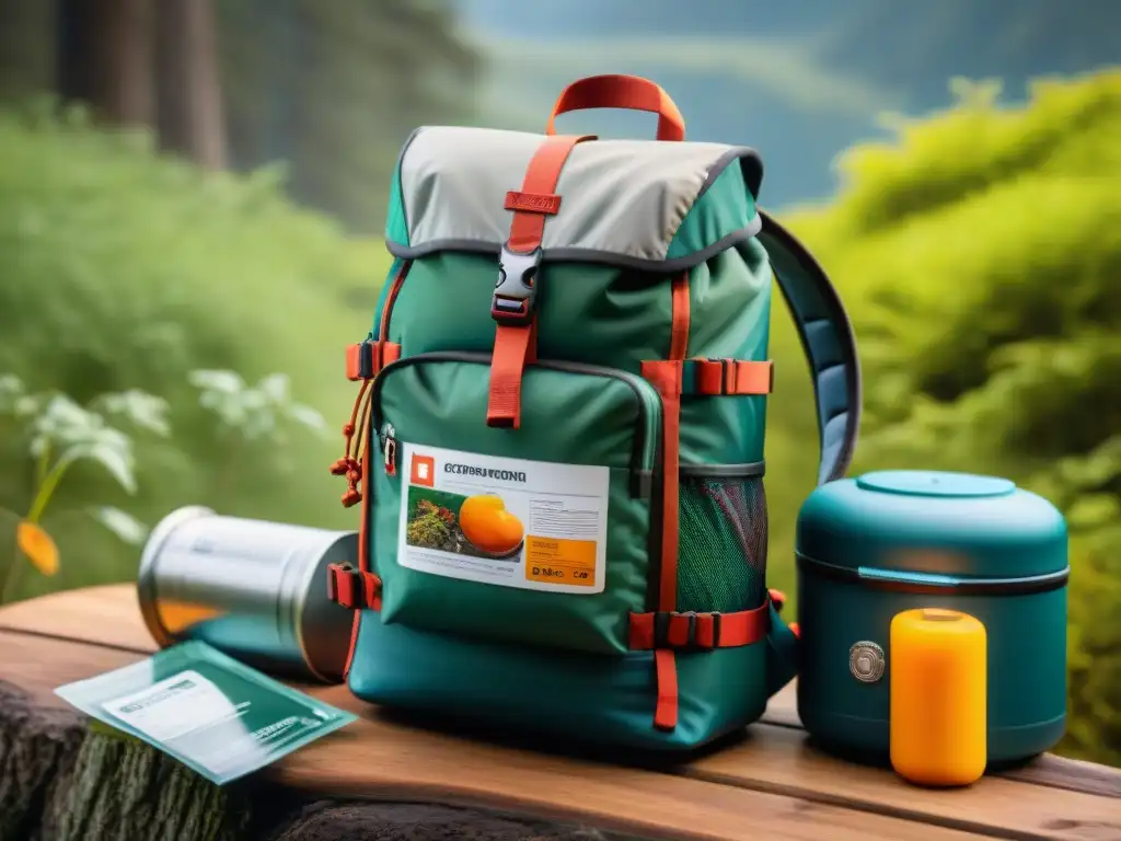 Mochila de camping organizada con alimentos deshidratados: ¡Preparada para la aventura! Una mochila de camping compacta organizada con alimentos deshidratados etiquetados, estufa y utensilios