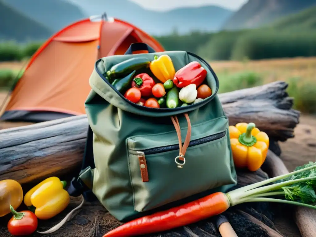 Backpack de camping lleno de verduras deshidratadas junto a fogata nocturna Una mochila de camping rústica llena de bolsas de verduras deshidratadas, junto al fuego y la tienda de campaña bajo las estrellas