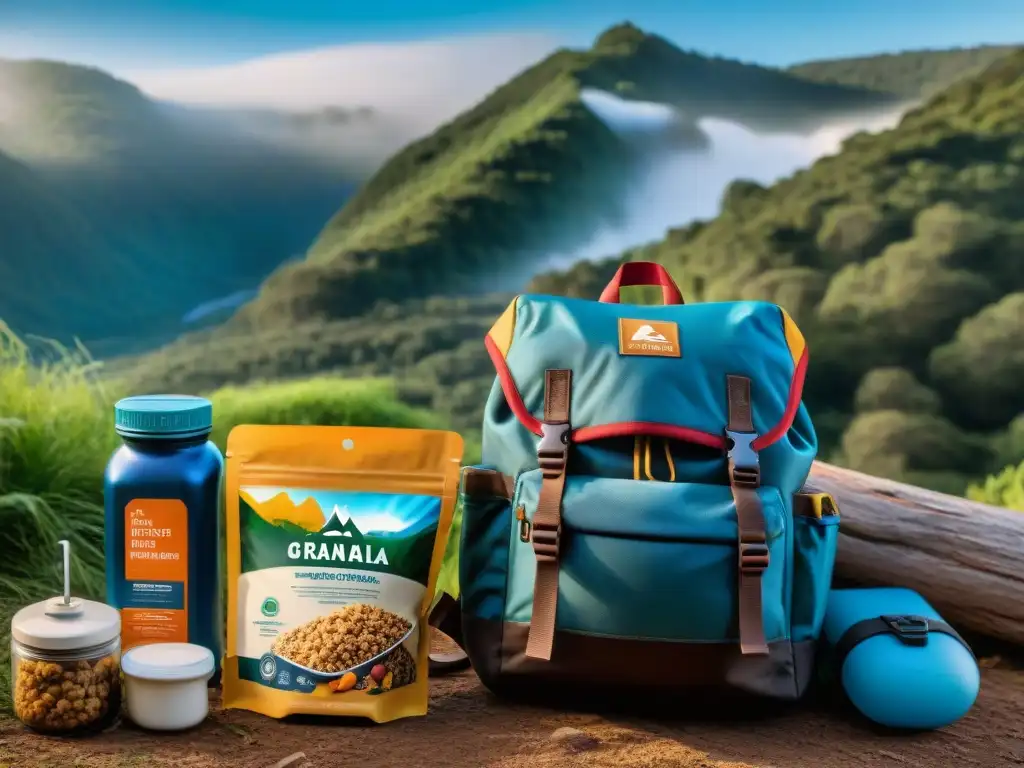 Alimentos esenciales para aventuras al aire libre en Uruguay Una mochila repleta de alimentos esenciales para travesías de camping en Uruguay, con fondo de bosques verdes y cielo azul claro