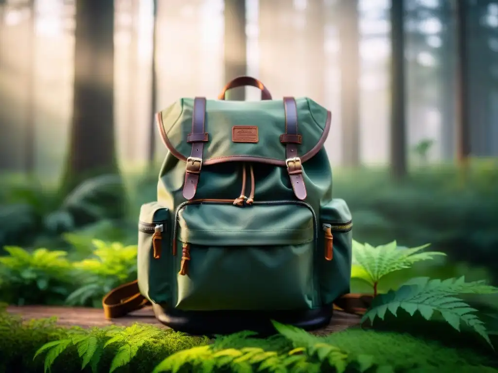 Mochila técnica de alta calidad en bosque verde Mochila técnica de calidad superior para camping en el bosque verde con luz solar filtrándose entre las hojas