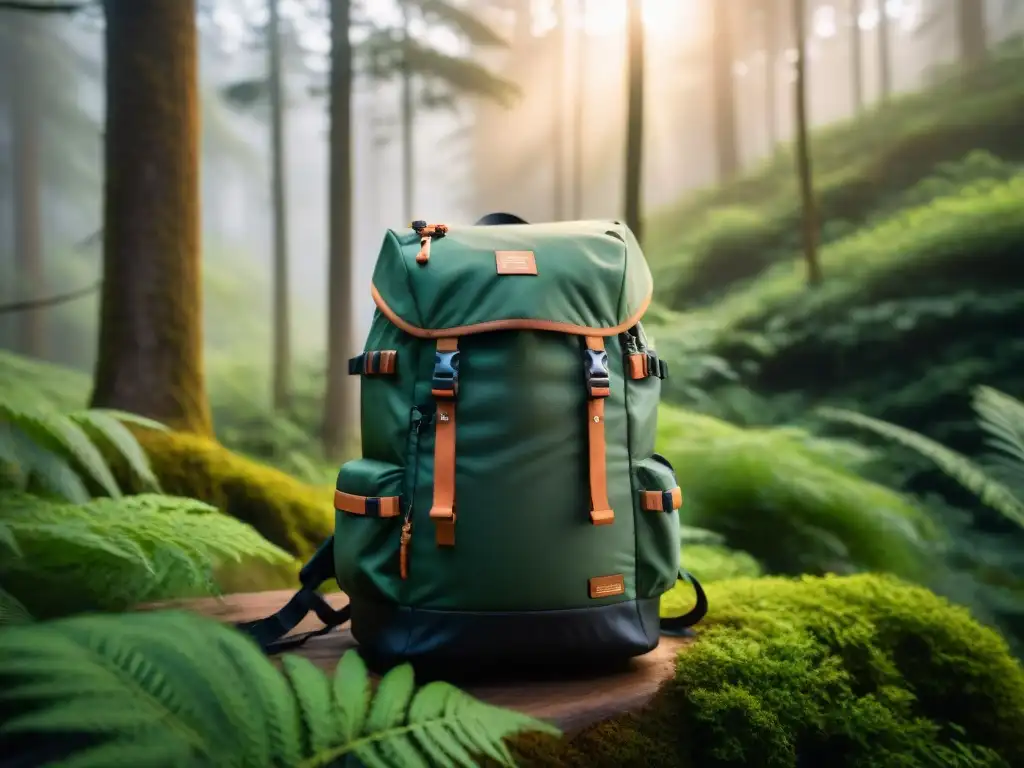 Mochila técnica de alta calidad: seguridad y aventura en la naturaleza Mochila técnica para camping en Uruguay, con bolsillos ocultos y cierres seguros, en un bosque verde soleado