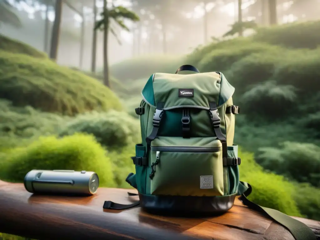 Backpack de camping: carga perfecta en la naturaleza Una mochila técnica para camping en Uruguay cargada con equipamiento en un bosque verde iluminado por el sol