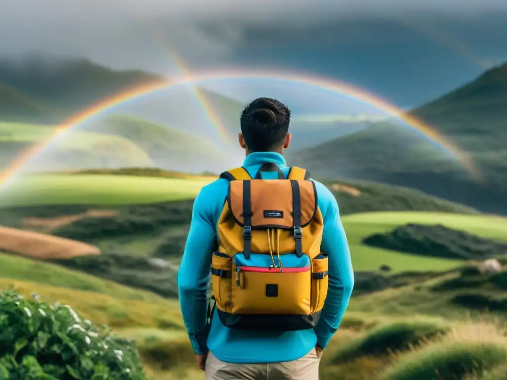 Mochila técnica impermeable en paisaje lluvioso de Uruguay, con verde exuberante y arcoíris sutil
