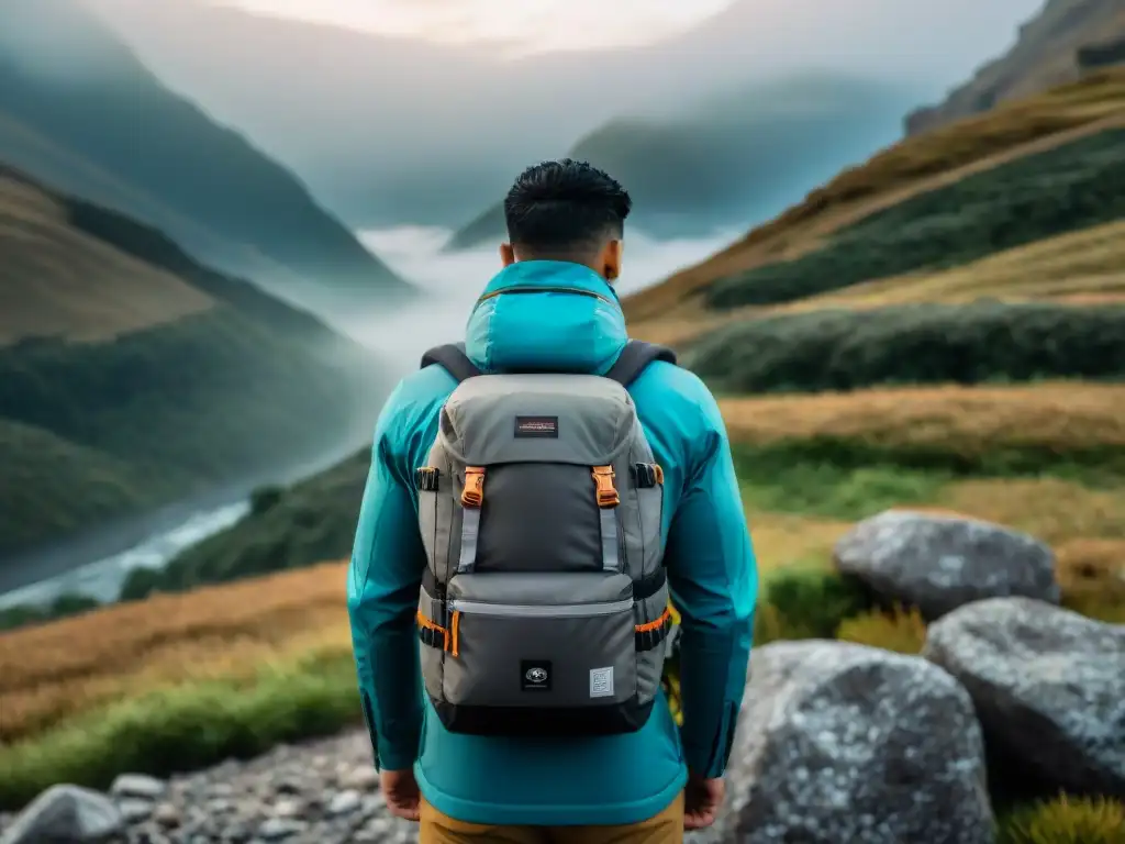 Una mochila técnica impermeable en un paisaje lluvioso de Uruguay, destacando su resistencia a la lluvia