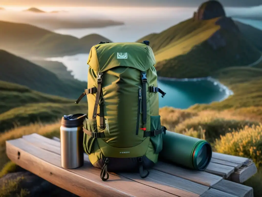 Mochila ultraligera y equipamiento para trekking en Uruguay Una mochila ultraligera perfectamente organizada para acampar en Uruguay, con equipo de trekking alrededor en suaves tonos dorados