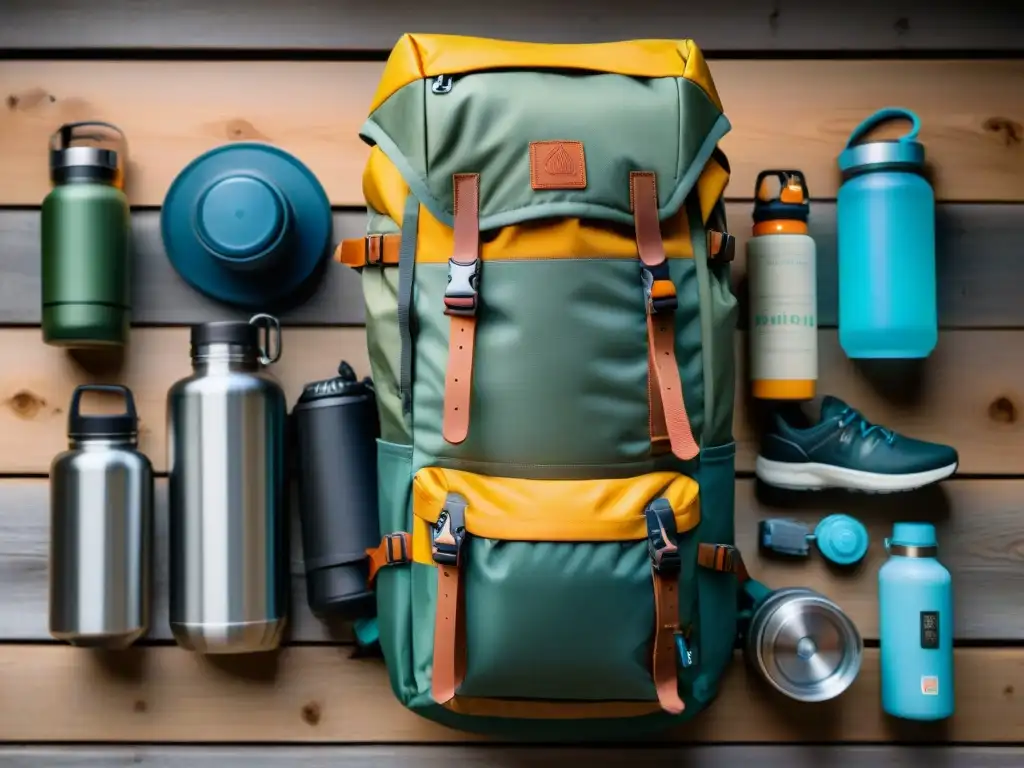 Selección de Mochilas Técnicas para Camping en Uruguay Varias mochilas técnicas para camping Uruguay ordenadas en superficie de madera, con accesorios de aventura alrededor