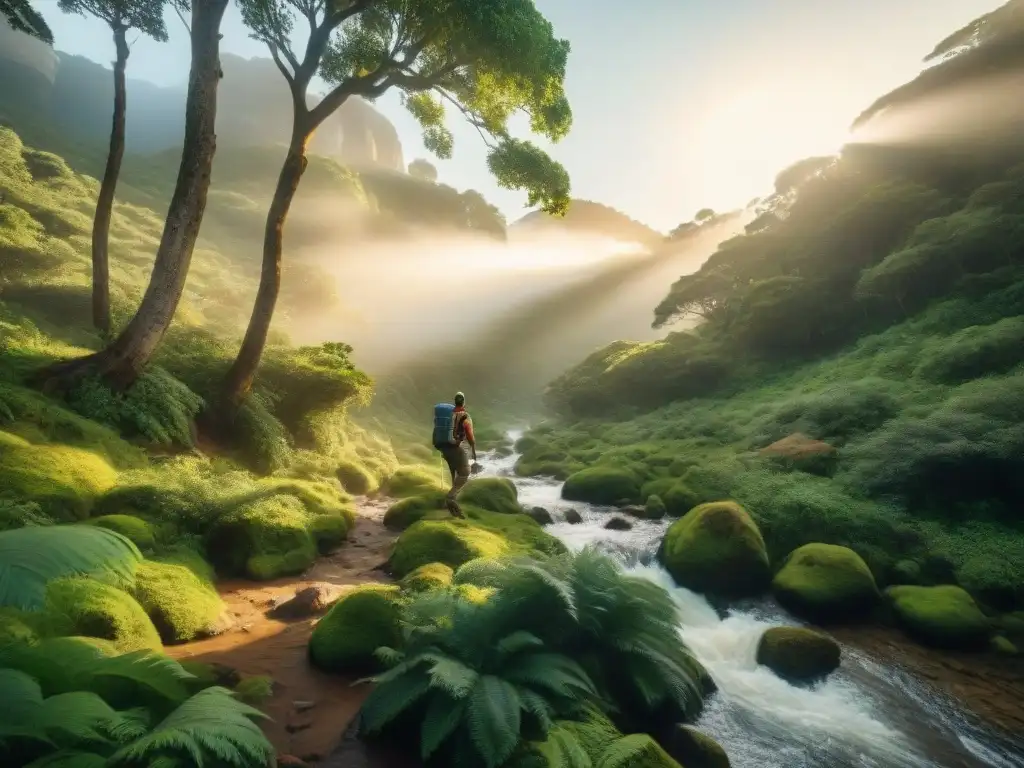 Explorador solitario en bosque uruguayo Un mochilero atraviesa un bosque exuberante en Uruguay