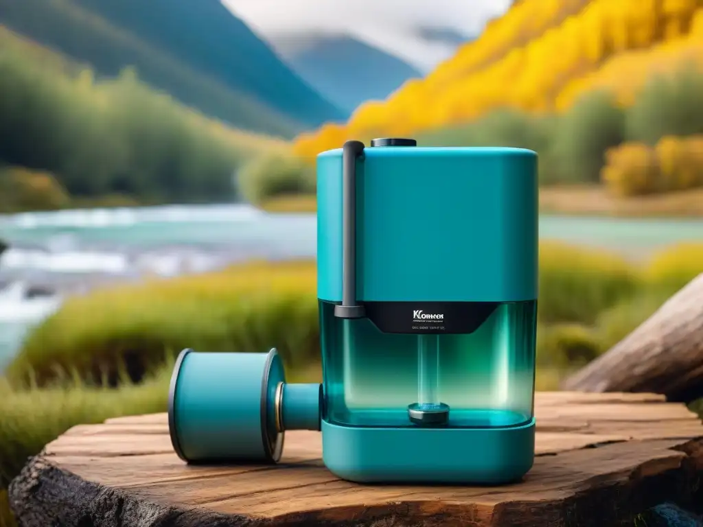 Avanzado sistema de filtración de agua en acción en entorno natural Un moderno sistema de filtración de agua en acción, con detalles precisos, en un entorno natural de camping