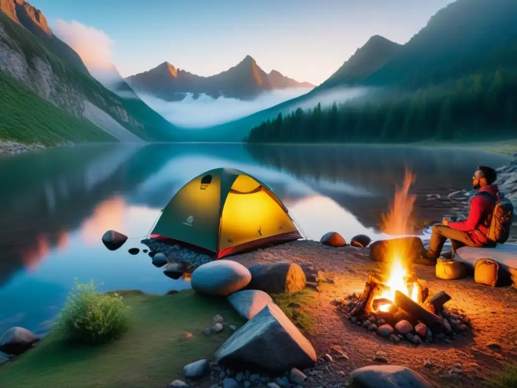 Camping en la naturaleza al atardecer: purificación de agua junto al arroyo Un momento de purificación de agua en camping al atardecer junto a un arroyo de montaña