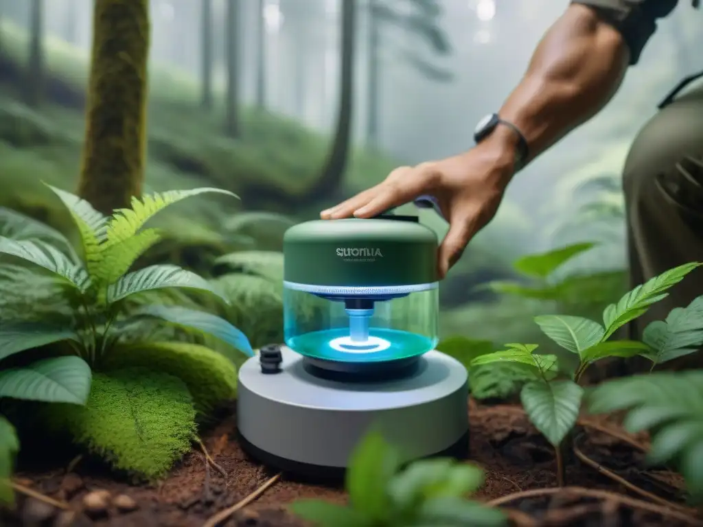 Montaje experto de filtro de agua en bosque Un momento de conexión con la naturaleza: montaje detallado de un sistema de filtración de agua para acampar en un bosque verde exuberante