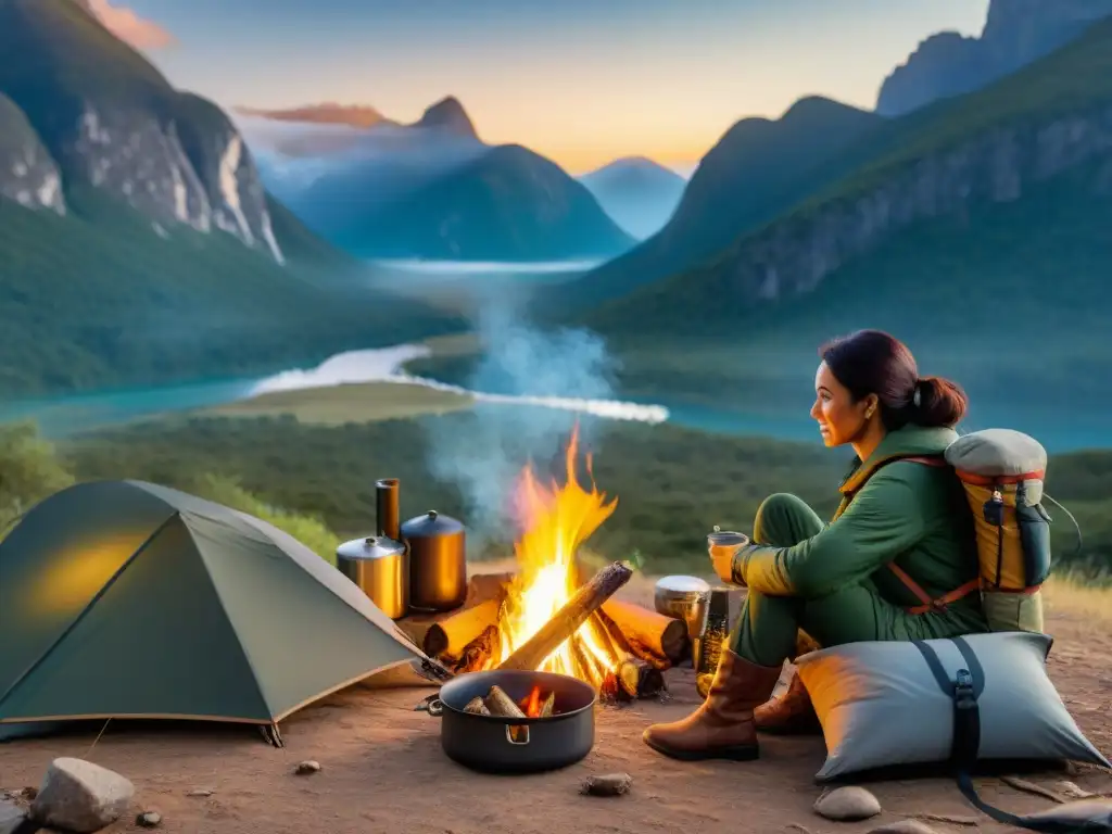 Aventura en solitario: Campamento sereno en Santa Teresa Una mujer segura acampando sola en Santa Teresa al atardecer, preparando comida junto a su fogata