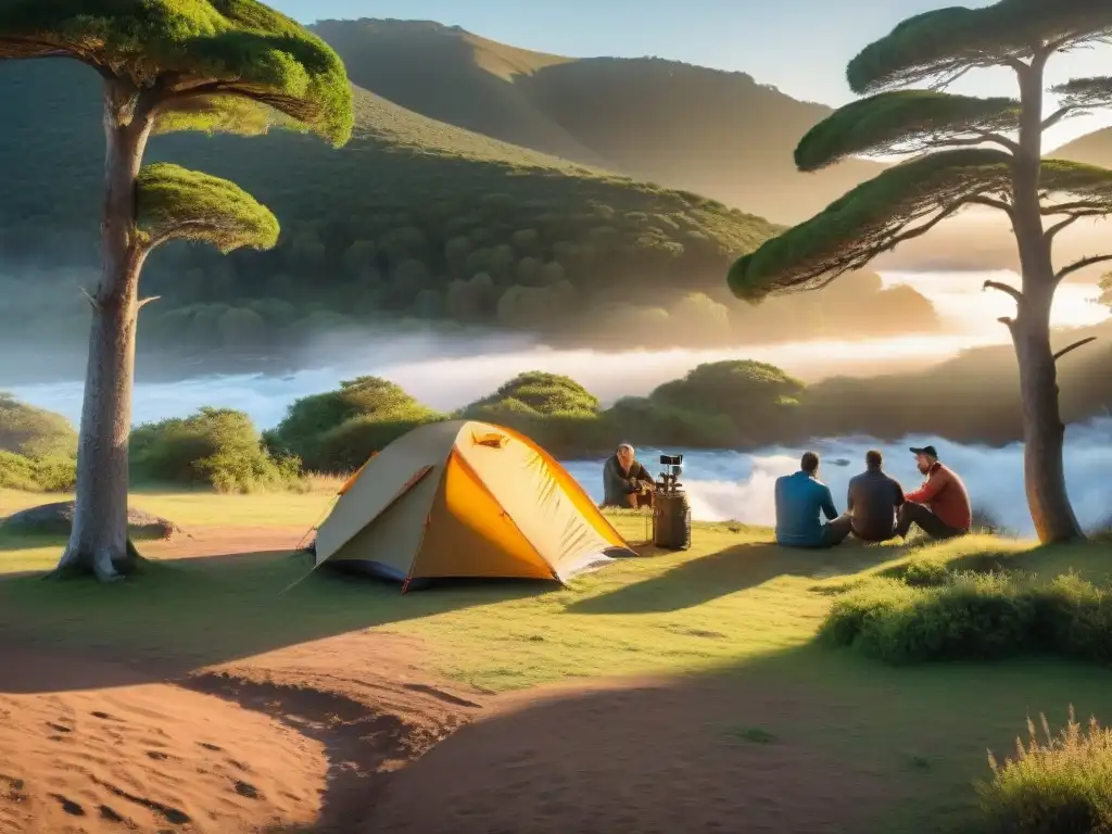 Campamento fotográfico en la naturaleza uruguaya Acampando en la naturaleza de Uruguay con accesorios de fotografía, un escenario mágico al atardecer
