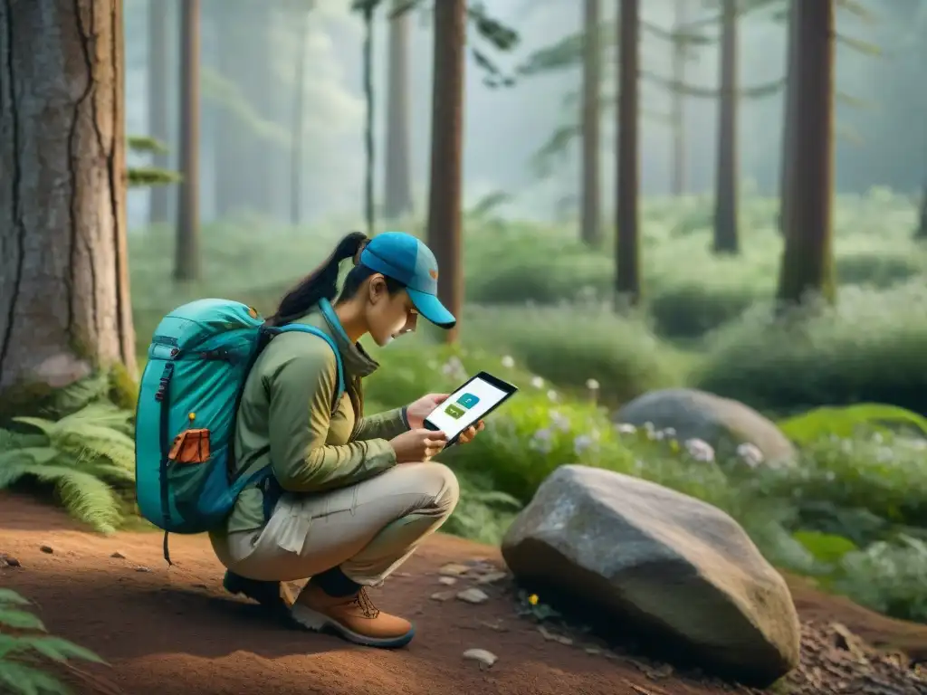 Explorando la naturaleza con tecnología avanzada Explorando la naturaleza con una app de flora y fauna en el camping