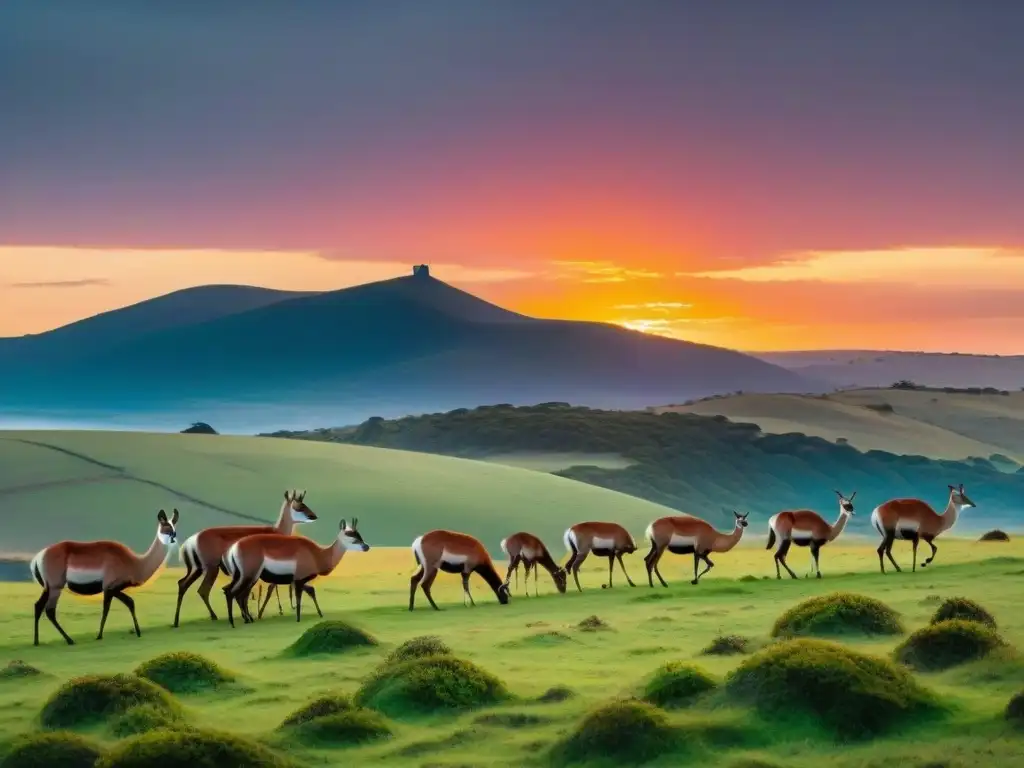 Atardecer carmesí sobre colinas de Uruguay: familia de guanacos en armonía Fotografía de naturaleza en Uruguay: Atardecer carmesí sobre colinas verdes, guanacos pastando bajo cielo en llamas
