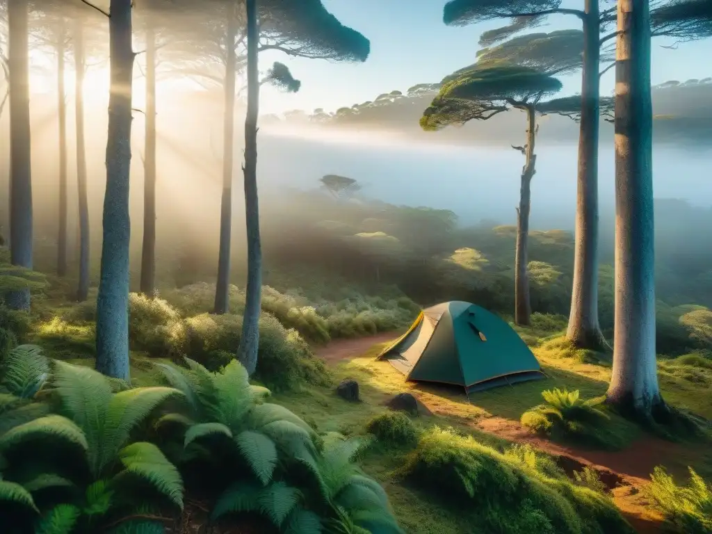 Amanecer místico en el bosque virgen de Uruguay Experimenta la naturaleza uruguaya en una serena y mística mañana de camping entre bosques