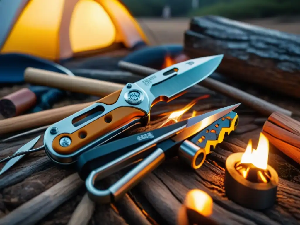 Navaja multifuncional de camping: calidad y aventura en Uruguay Una navaja multiusos de alta calidad en un campamento en Uruguay, ideal para aventuras