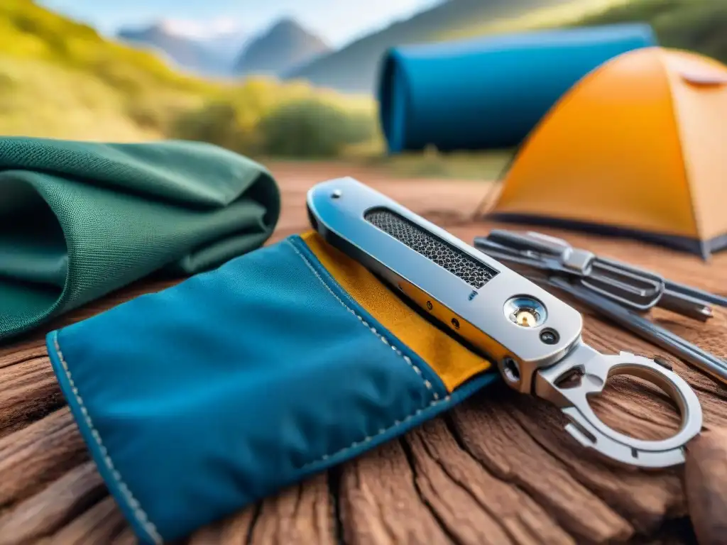 Navaja multiusos en escena de camping en Uruguay Una navaja multiusos desplegada en un escenario de camping en Uruguay, rodeada de naturaleza exuberante