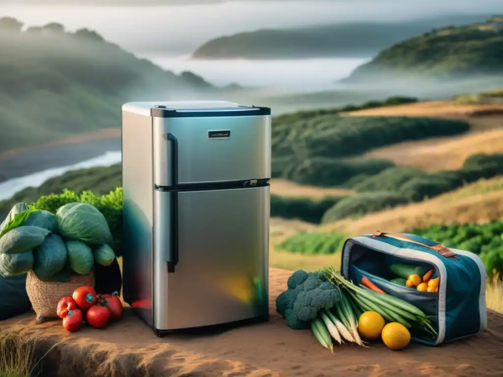 Refrigerador portátil de camping en Uruguay: frescura y practicidad Neveras para camping en Uruguay: Refrigerador portátil en acción en un campamento pintoresco, rodeado de naturaleza vibrante y productos frescos
