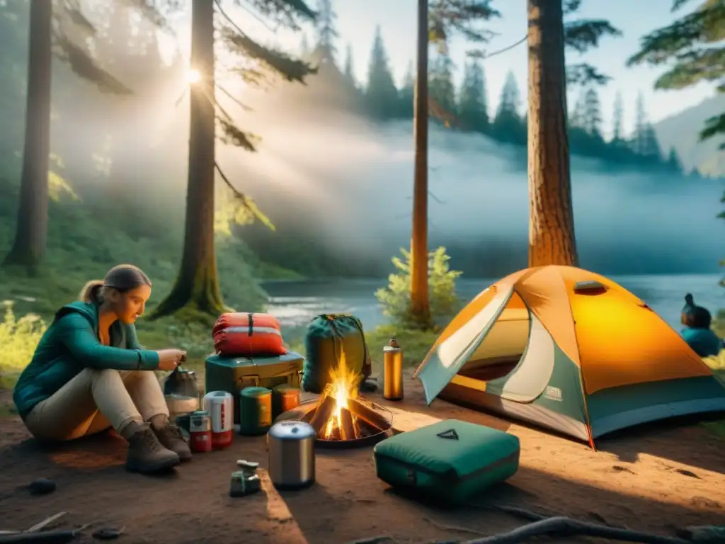 Kit de supervivencia personalizado: familia acampando en la naturaleza Niño explorando su kit de supervivencia personalizado para camping en la naturaleza, mientras su familia se prepara para la aventura al aire libre