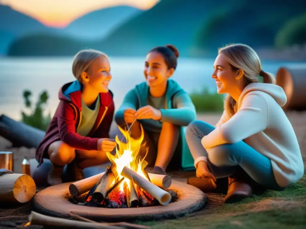 Divertida fogata: niños sonrientes asando malvaviscos al atardecer Niños felices en fogata, asando malvaviscos al anochecer