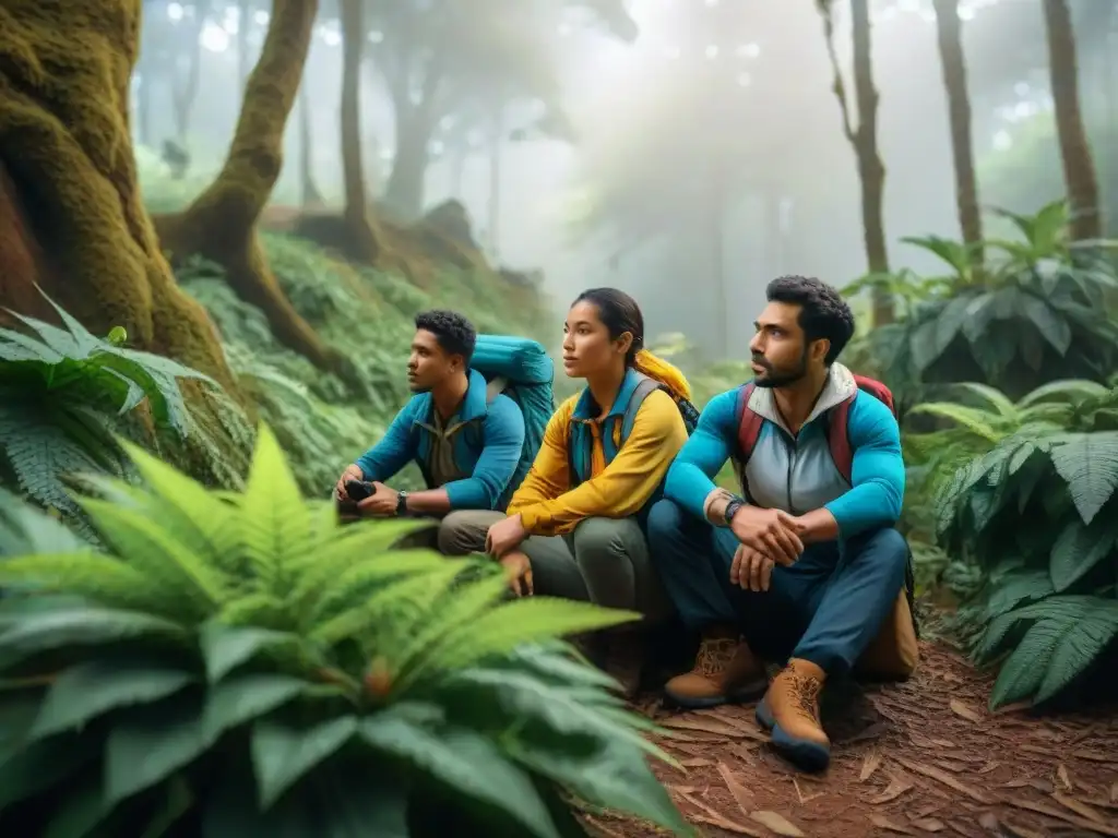 Exploración de niños en bosque de Uruguay: aves nativas y plantas Excursión de niños explorando la flora y fauna en Uruguay