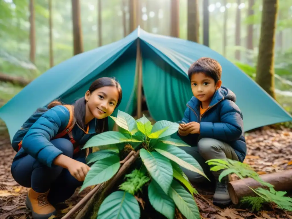 Niños construyendo refugio en el bosque: trabajo en equipo y emoción Niños construyendo refugio en bosque, destacando trabajo en equipo y habilidades de supervivencia en la naturaleza