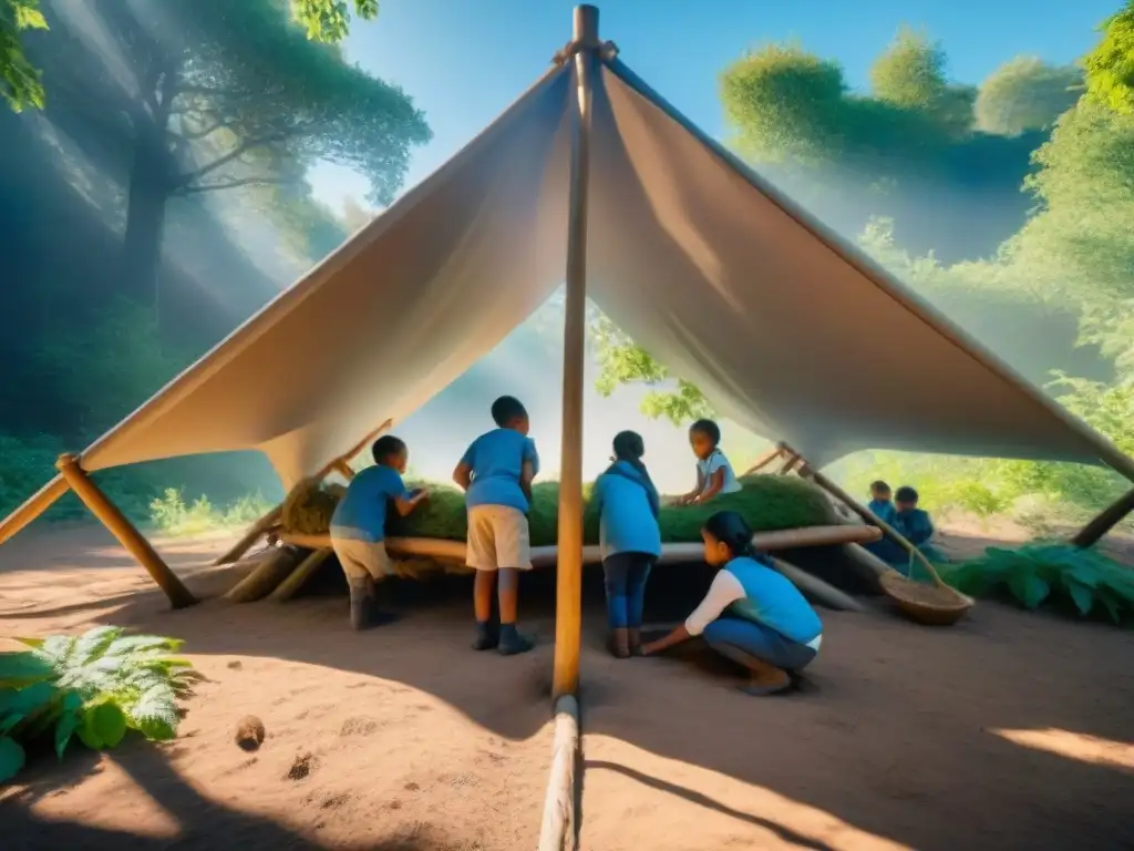 Niños construyendo refugio en la naturaleza: trabajo en equipo y aventura en acción Niños construyen refugio en la naturaleza, practicando habilidades de supervivencia en camping