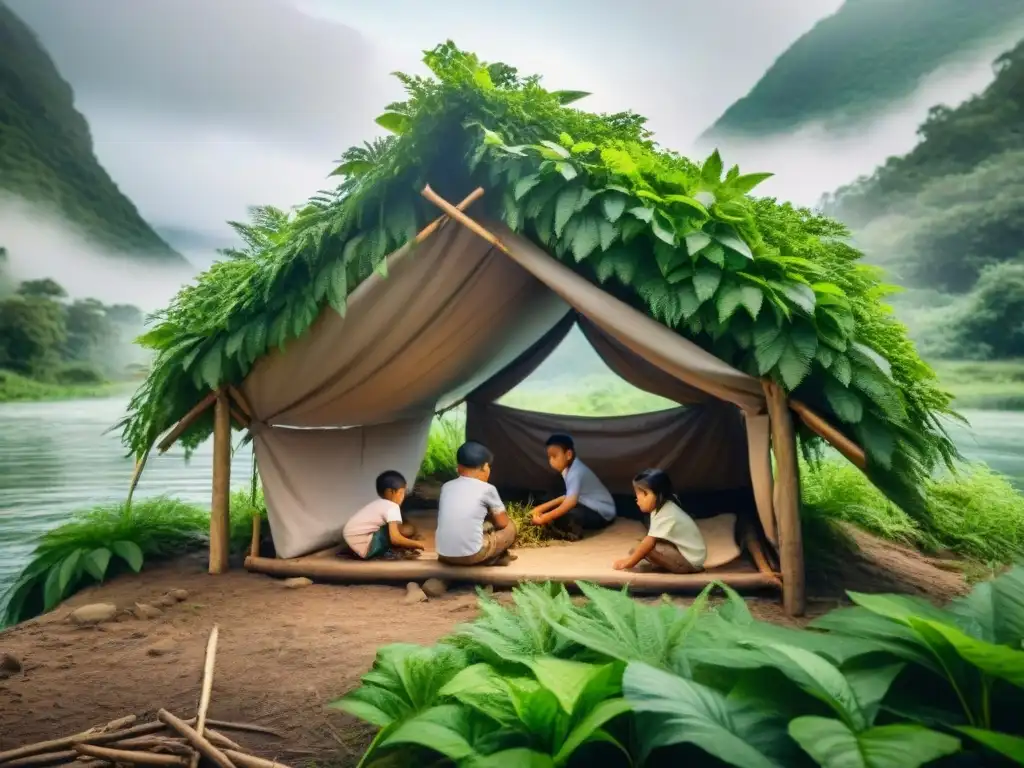 Niños construyendo refugio en la naturaleza Niños construyendo refugio en la naturaleza con ramas y hojas, demostrando habilidades de supervivencia en equipo