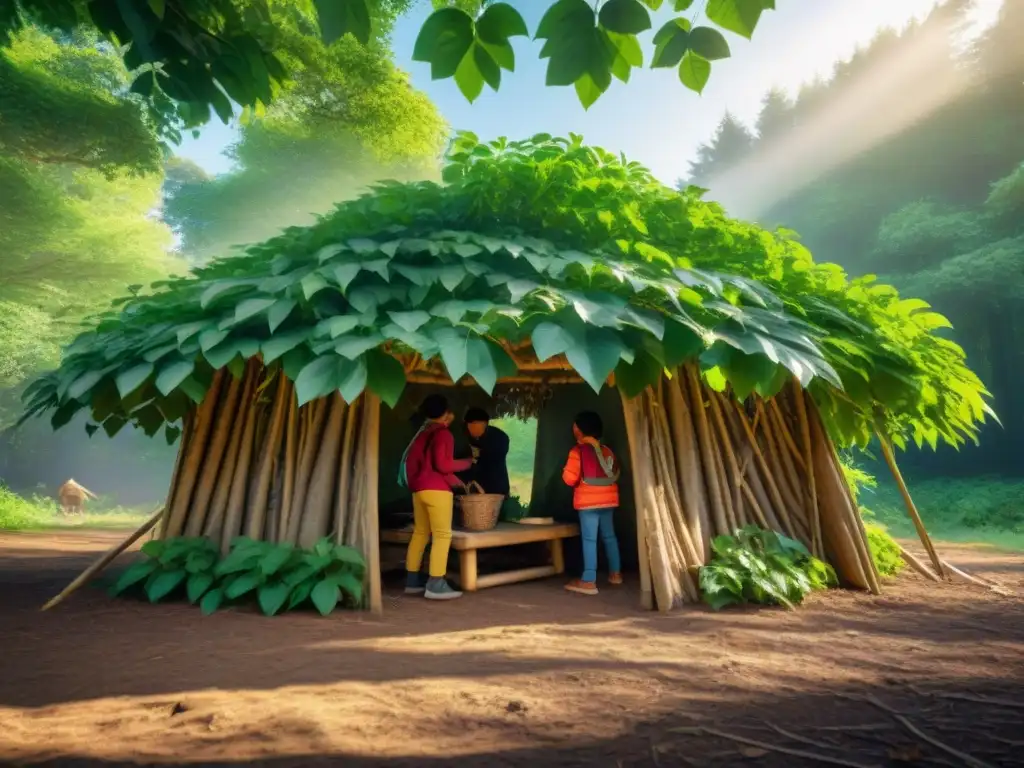 Niños construyendo refugio en el bosque Niños construyendo refugio de ramas y hojas en el bosque, mostrando determinación y trabajo en equipo