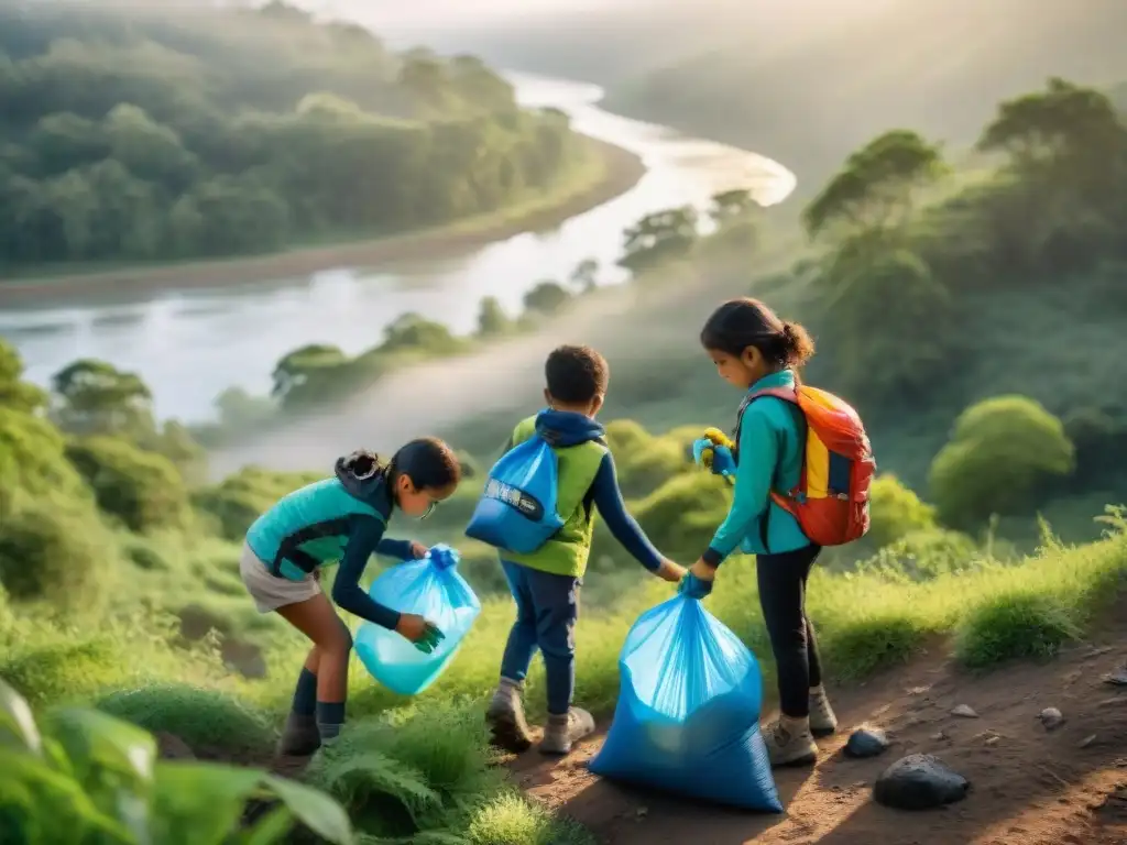 Niños limpiando río en bosque de Uruguay Niños limpiando la ribera de un río en un bosque, con ropa de senderismo colorida