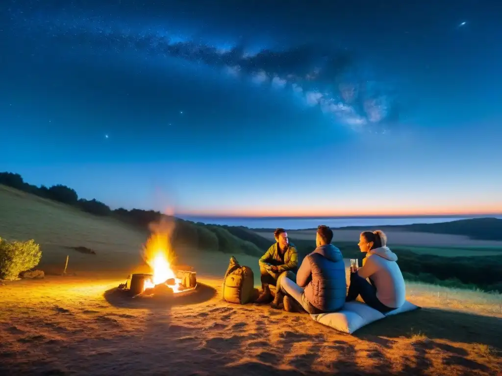 Noche de camping en Uruguay: amigos junto al fuego bajo un cielo estrellado Noche de camping en Uruguay: amigos riendo alrededor de la fogata bajo un cielo estrellado