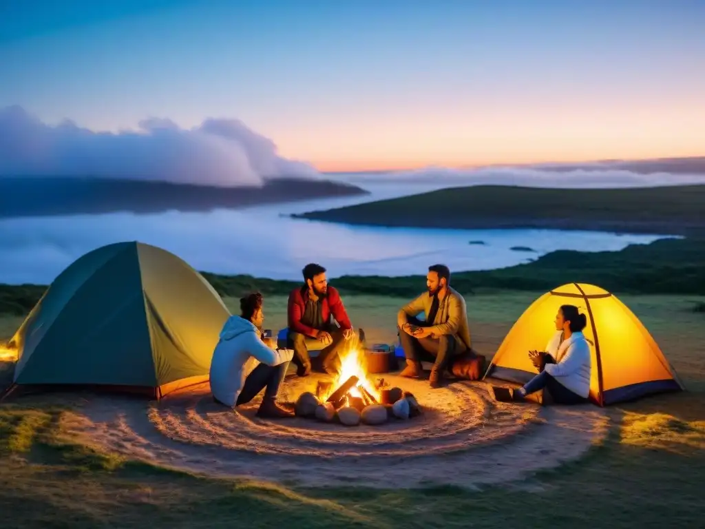 Vida comunitaria en camping nocturno en Uruguay Noche de camping económico en Uruguay: familias alrededor de la fogata, contando historias bajo un cielo estrellado