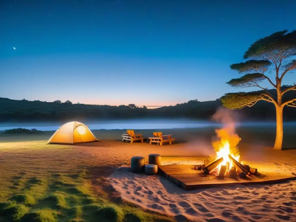Campamento nocturno en Uruguay: mapa tradicional y GPS en mesa de picnic Noche de camping en Uruguay: evita errores GPS y disfruta de la serenidad del campamento al atardecer