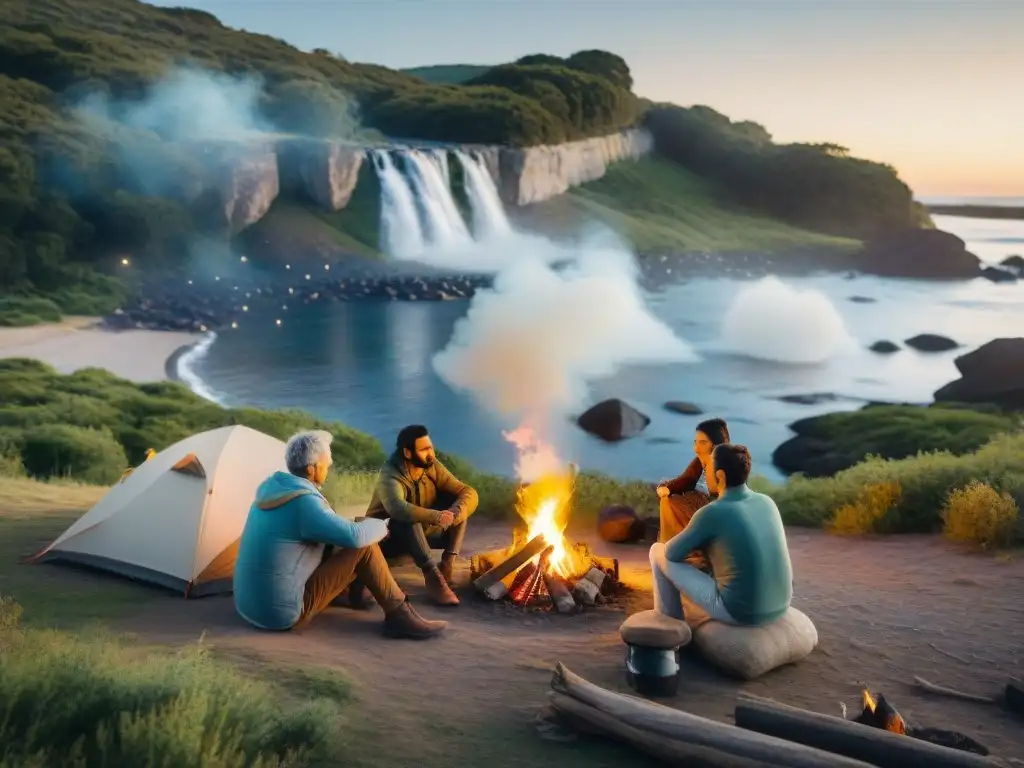 Reunión familiar alrededor de la fogata en campamento en Uruguay Una noche de camping tradición familiar en Uruguay: fogata, historias y marshmallows bajo las estrellas