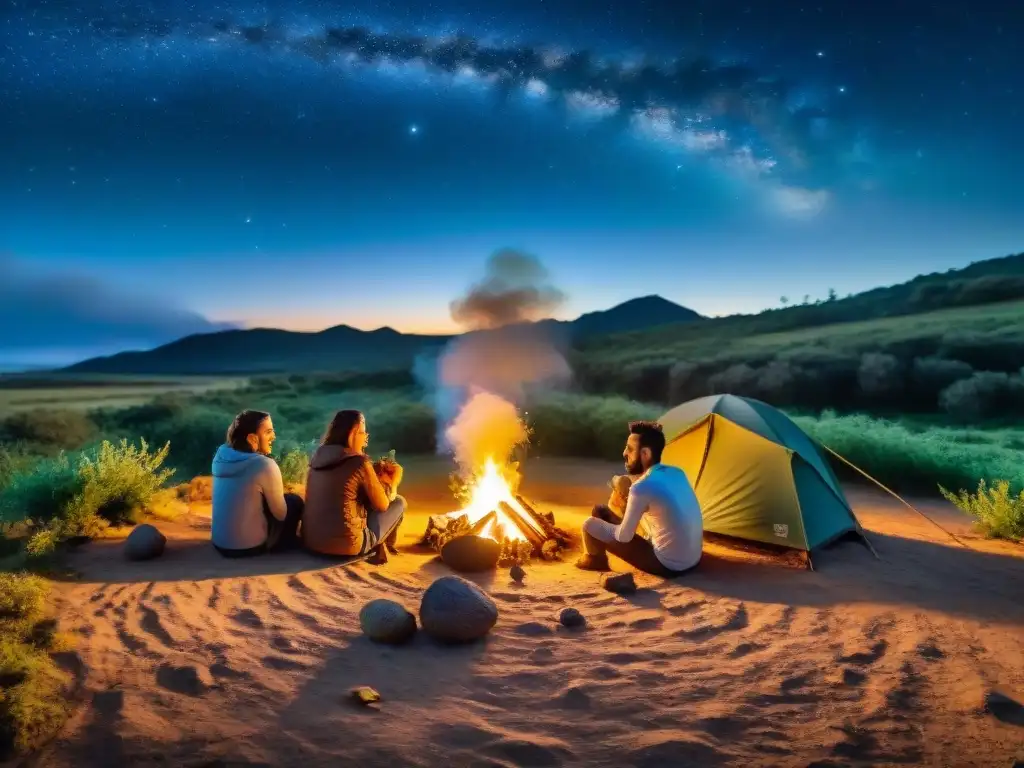 Campamento nocturno con fogata y frutas secas en Uruguay Noche de camping en Uruguay: amigos disfrutan de frutas deshidratadas bajo las estrellas