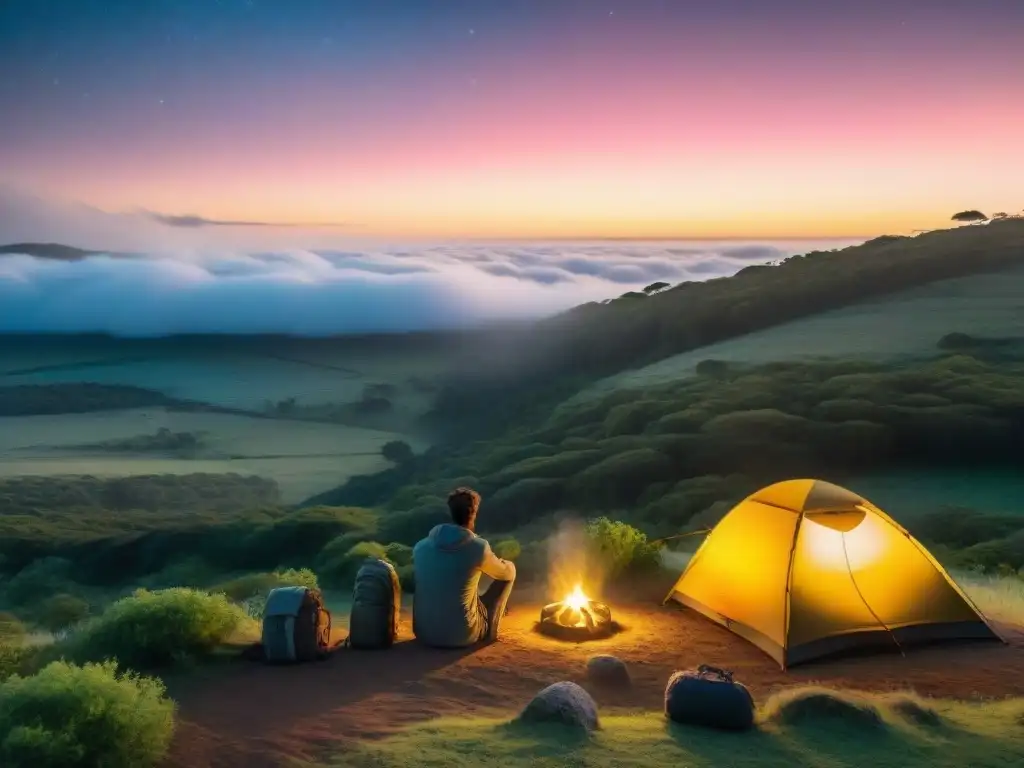Camping en Uruguay: Tienda iluminada, naturaleza y smartphone cargando Noche de camping en Uruguay con las mejores baterías portátiles, luces de la tienda brillando en la oscuridad mientras el viajero carga su móvil