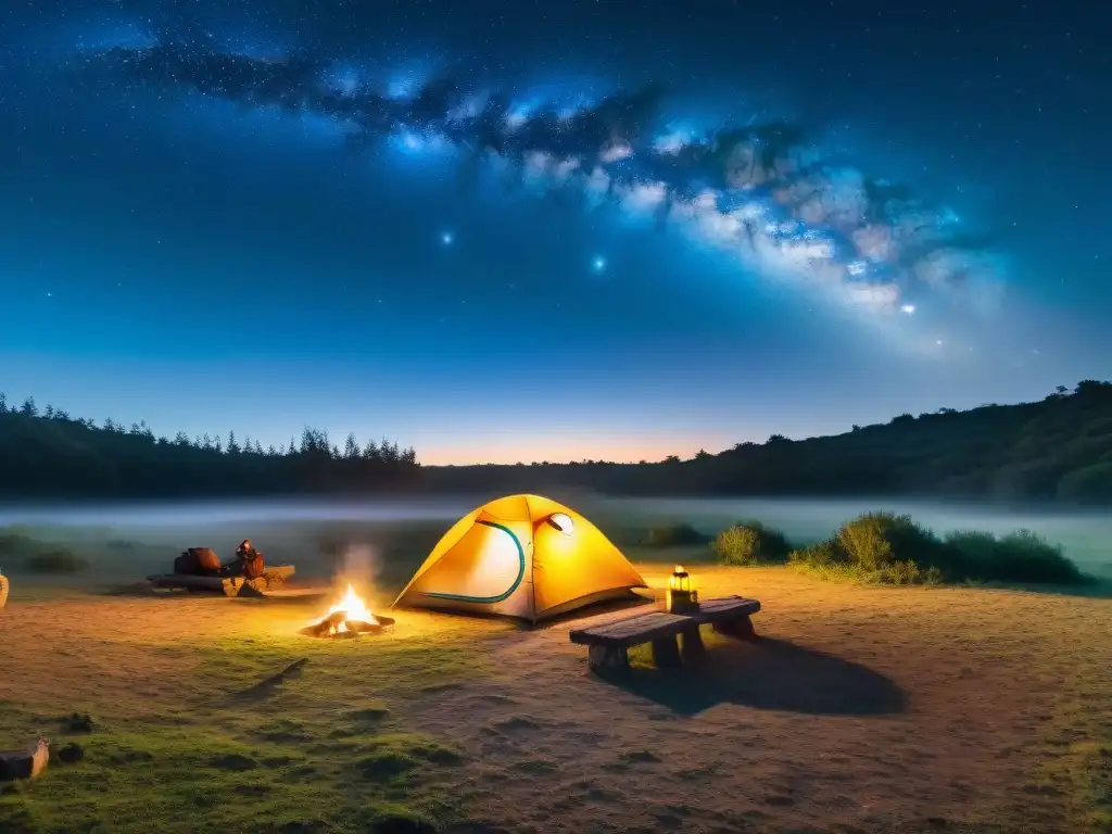 Campamento estelar en la naturaleza de Uruguay Noche estrellada en un campamento en Uruguay, con fogata y cielo estrellado