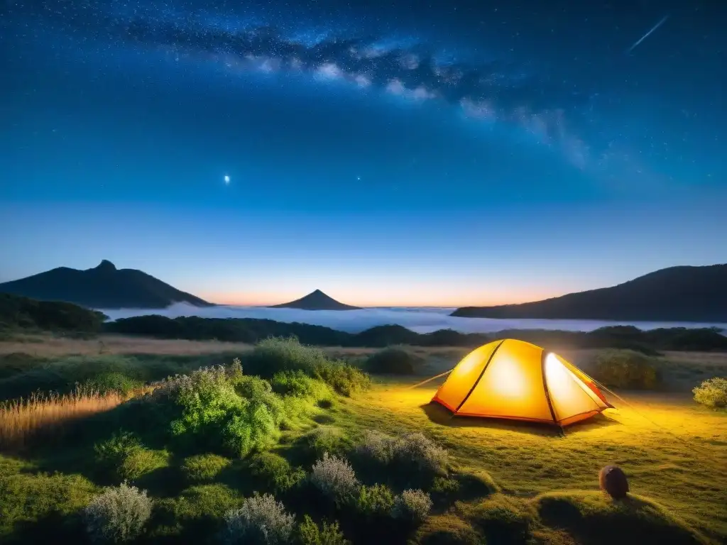 Campamento estrellado en Uruguay: tienda iluminada bajo cielo nocturno Noche estrellada en campamento sereno en Uruguay con tienda iluminada y montañas distantes