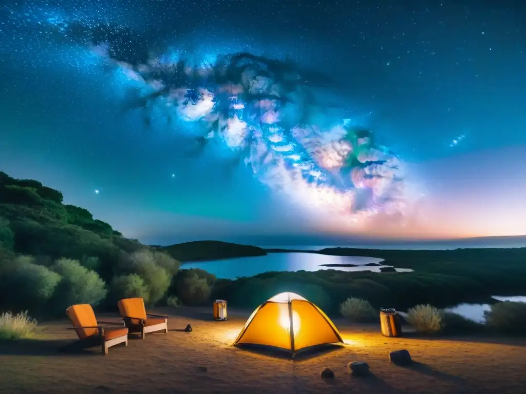 Campamento estelar en Uruguay: la Vía Láctea brilla sobre la noche serena Noche estrellada en camping en Uruguay, un espectáculo astronómico de la Vía Láctea sobre el campamento iluminado