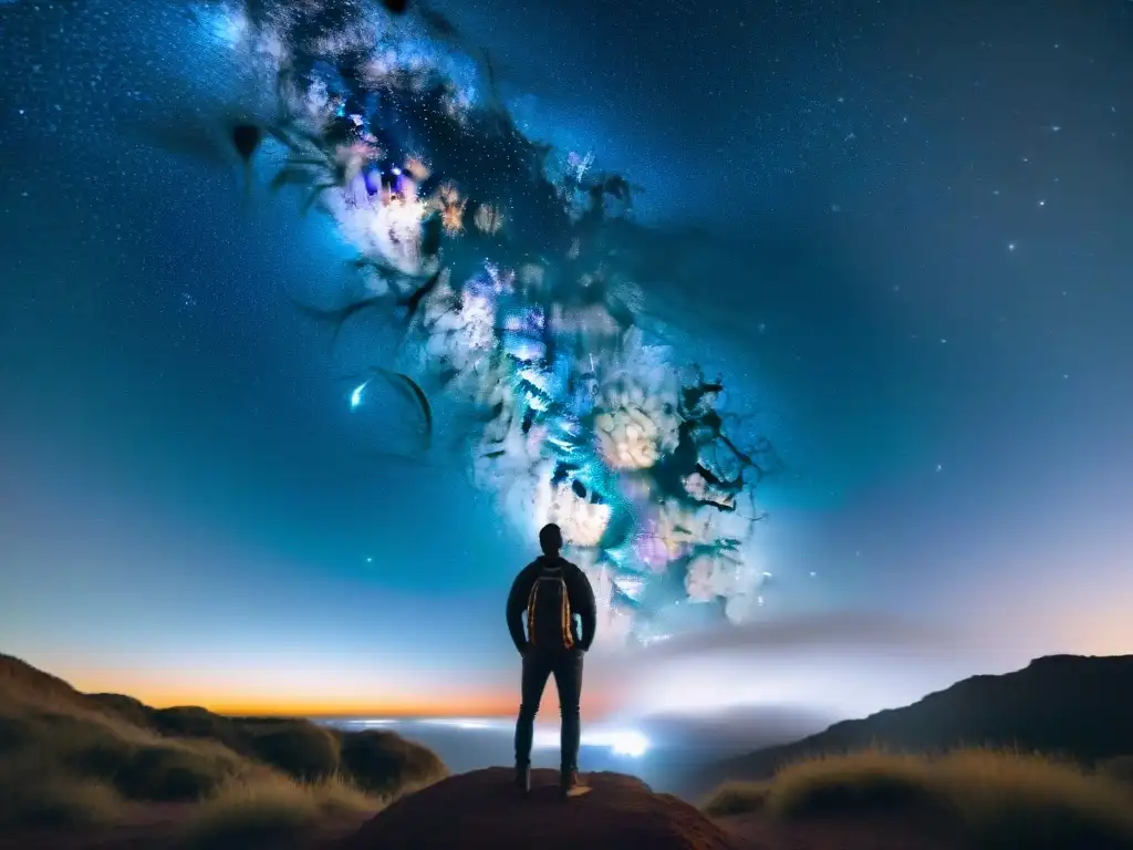 Maravilla estelar: Observando la Vía Láctea en Uruguay Una noche estrellada en Uruguay con la Vía Láctea en todo su esplendor, una persona observa maravillada