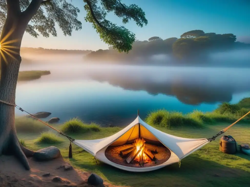 Refugio de Paz: Campamento en el Río Uruguay Noche serena junto al río Uruguay: fogata brillante, tienda acogedora y hamaca entre árboles, beneficios acampar río Uruguay
