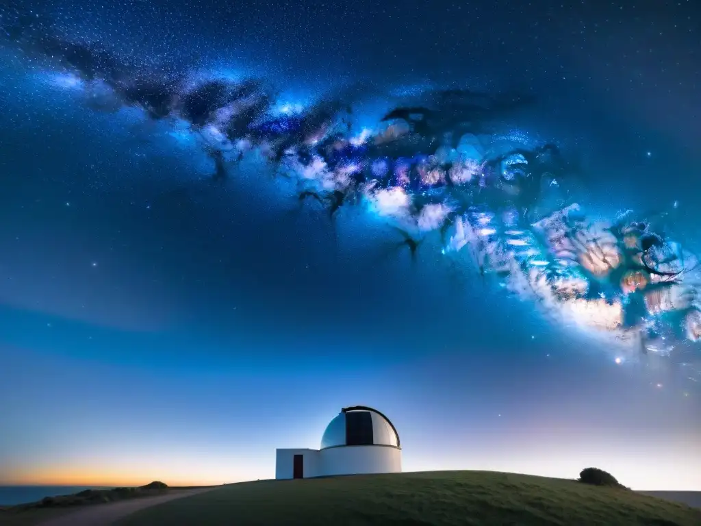 Observatorio bajo la Vía Láctea en Uruguay Una noche serena en Uruguay con la Vía Láctea y un observatorio astronómico en primer plano